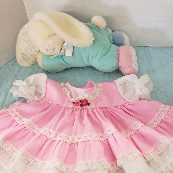 ❤ Sweetest vintage Easter pair ❤ Eden Musical Bunny Plush & Infant Lace Dress - Picture 1 of 3